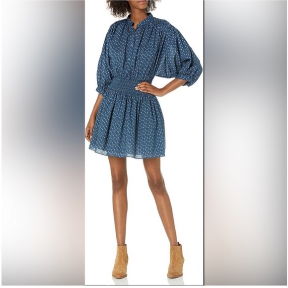 Rebecca Taylor Blue Ikat Pattern 3/4Sleeve Smocked Shirt Dress
